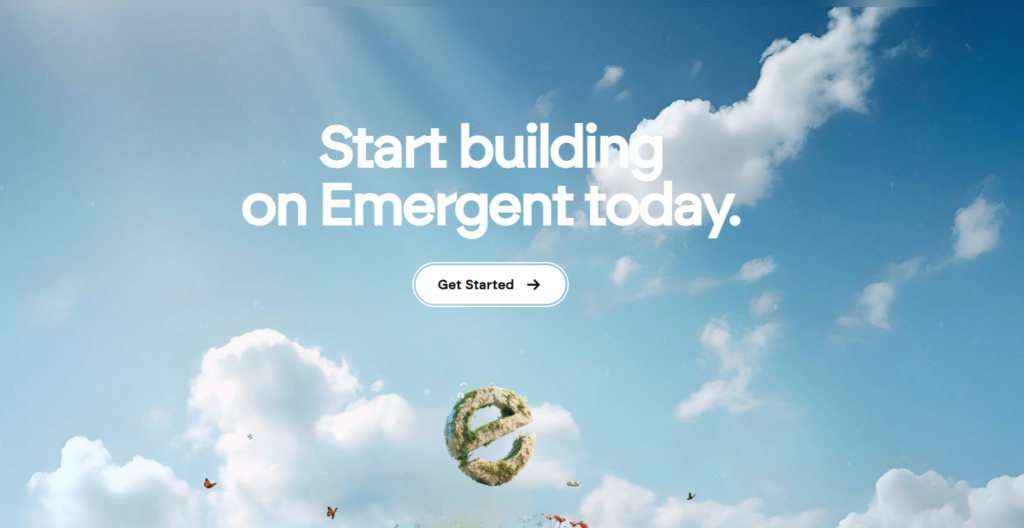 A "Get Started" call-to-action for emergent ai featuring a floating moss-covered logo against a bright blue sky