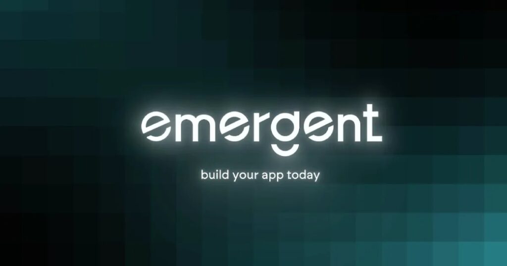 A glowing white logo for emergent ai set against a dark, pixelated teal background, promoting the platform as an ai app builder
