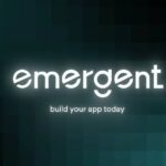 A glowing white logo for emergent ai set against a dark, pixelated teal background, promoting the platform as an ai app builder