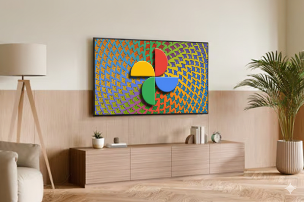 A google photos logo displayed on a large screen in a modern living room, showcasing how to view google photos in TVs such as a samsung tv or android tv