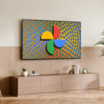 A google photos logo displayed on a large screen in a modern living room, showcasing how to view google photos in TVs such as a samsung tv or android tv