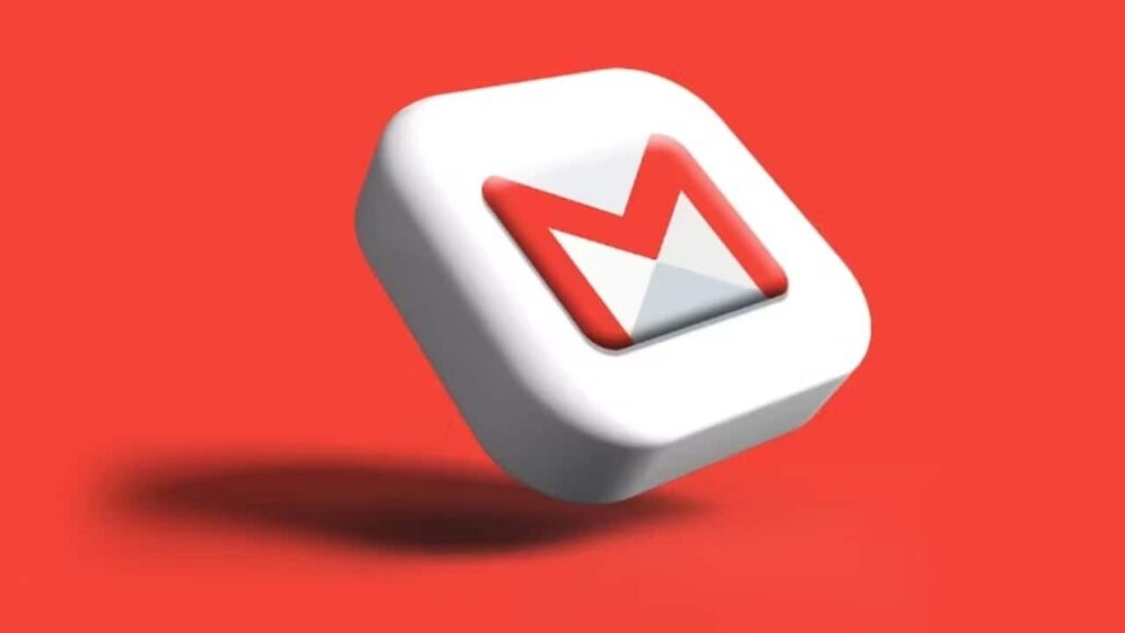 A stylized 3D Gmail logo floating against a solid red background, illustrating the latest updates for a google and gmail address