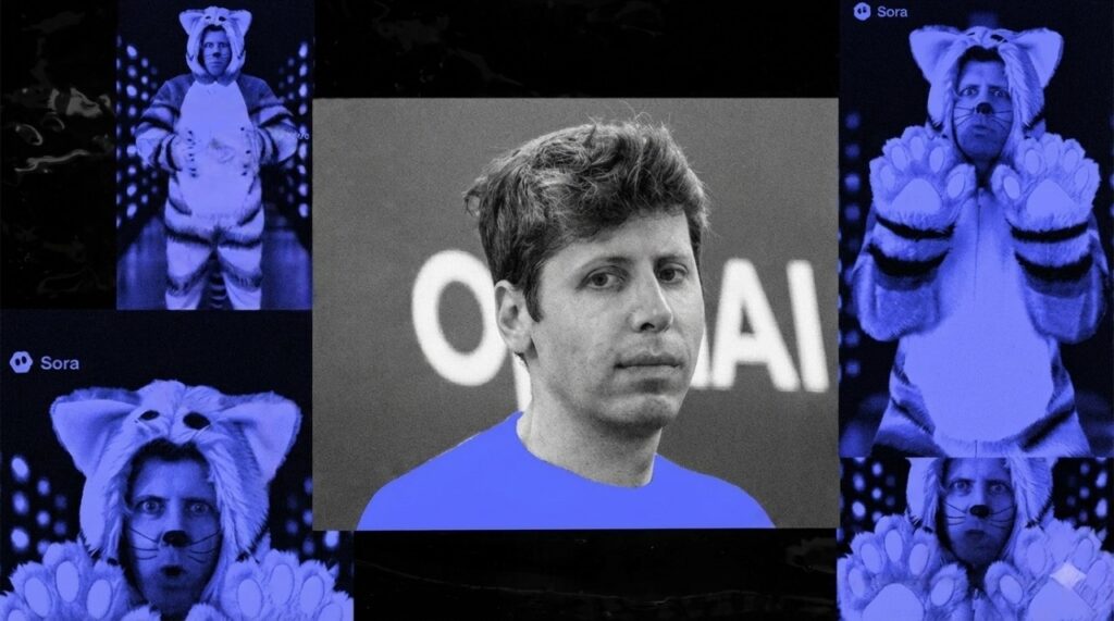 A digital composite featuring Sam Altman surrounded by blue-tinted Sora AI generation frames and technical diagrams, illustrating the dangers of ai and discussions on openai safety