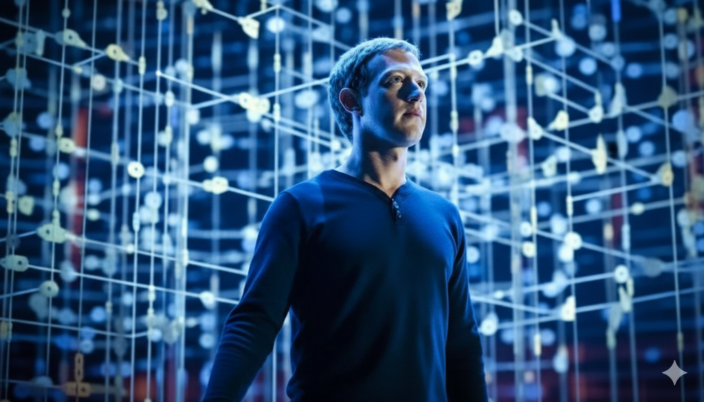 A futuristic visual representing AI Infrastructure as Mark Zuckerberg reveals Meta’s AI strategy, showcasing advanced digital networks tied to mark zuckerberg ai, the Meta AI infrastructure team, and AI infra Meta at a global AI infra event.