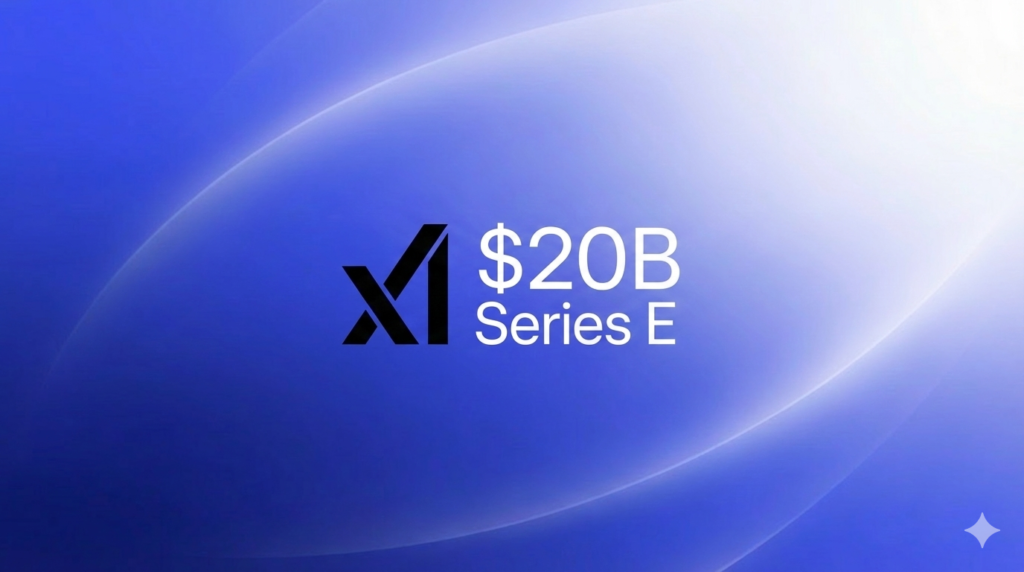 A professional announcement graphic featuring the xAi and Elon Musk company logo alongside "$20B Series E" text on a vibrant blue gradient background
