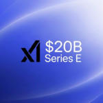 A professional announcement graphic featuring the xAi and Elon Musk company logo alongside "$20B Series E" text on a vibrant blue gradient background