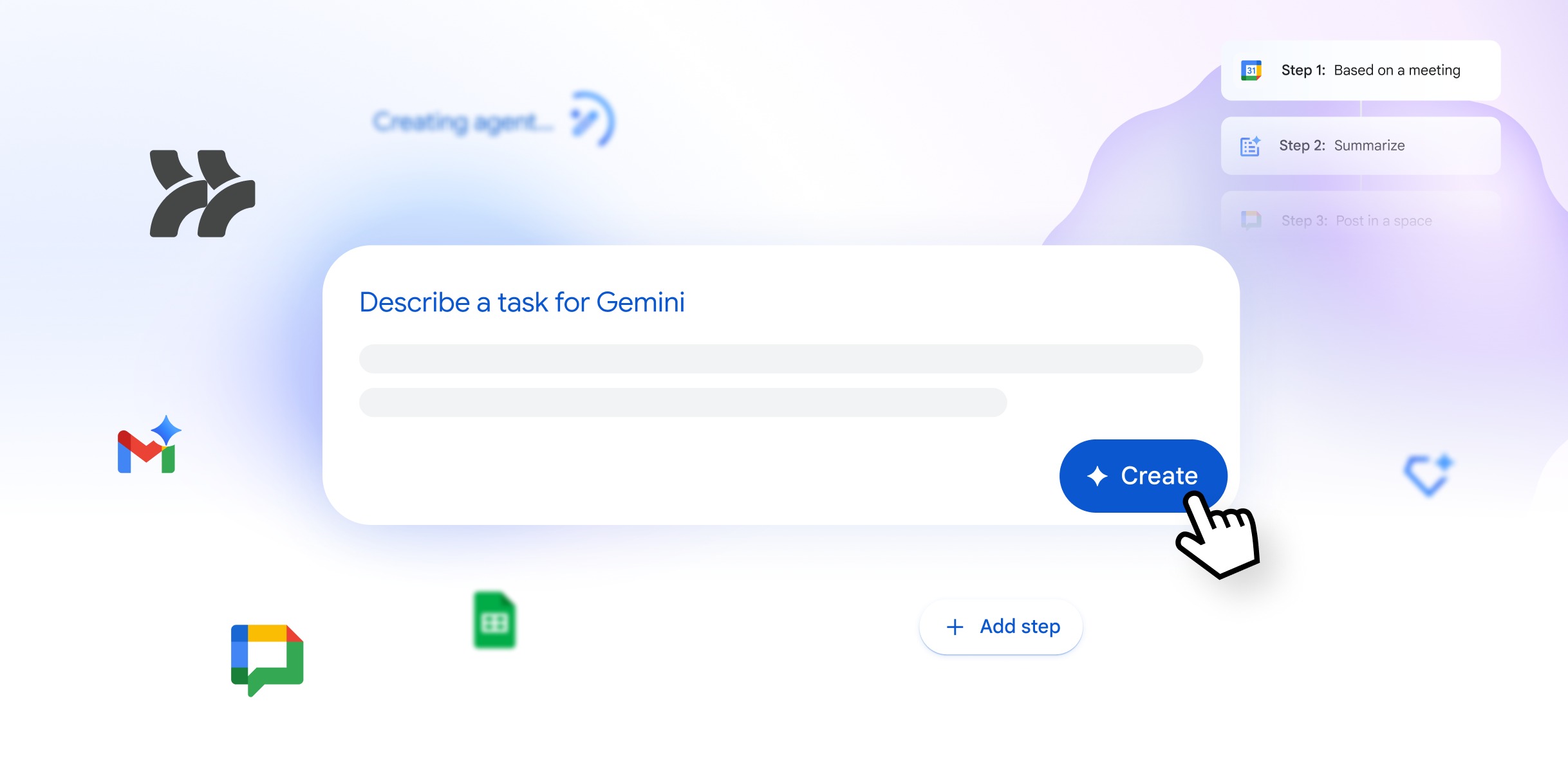 A promotional graphic for google workspace displaying the new google workspace studio interface, where a user clicks "Create" to build ai agents for workplace automation using Gemini 3 technology