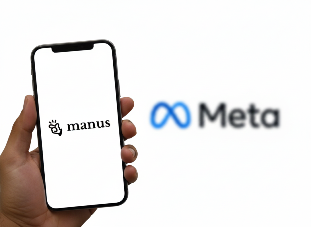 A person holding a smartphone displaying the manus ai logo next to a blurred Meta logo in the background, representing the major ai acquisition deal announced in late 2025