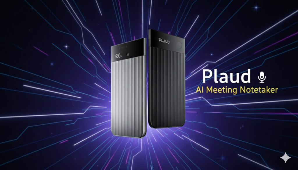 A promotional graphic for the Plaud Meeting Notetaker, featuring two slim AI-powered recording devices in silver and black against a high-tech cosmic background