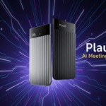 A promotional graphic for the Plaud Meeting Notetaker, featuring two slim AI-powered recording devices in silver and black against a high-tech cosmic background